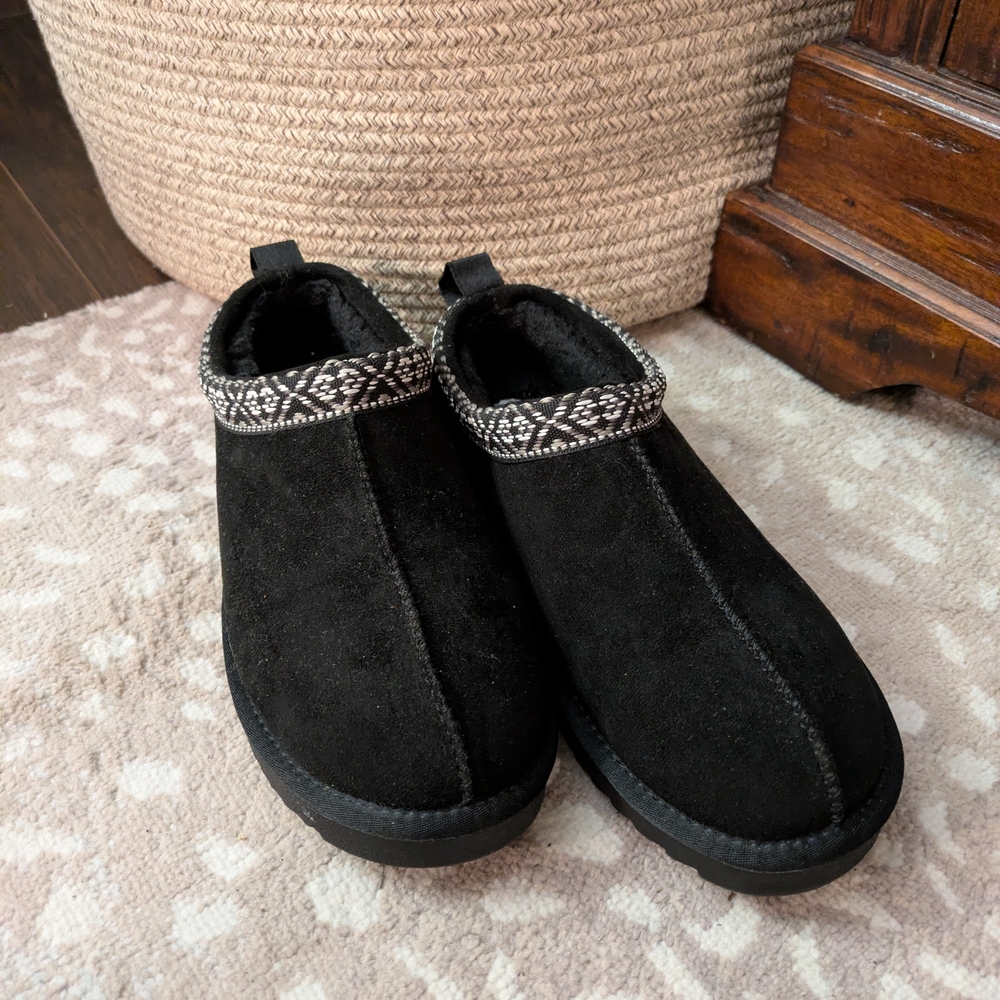 Soda Black Mules with Patterned Trim - Hardly Worn!